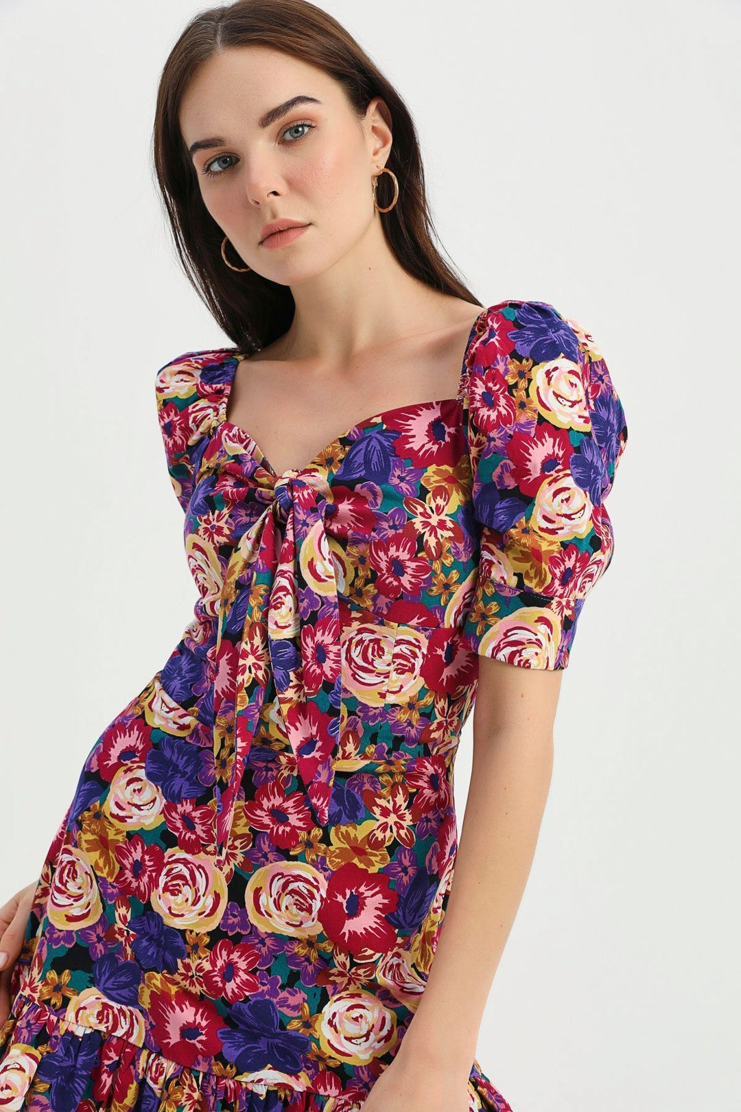 Floral Patterned Lace Detailed Dress Purple