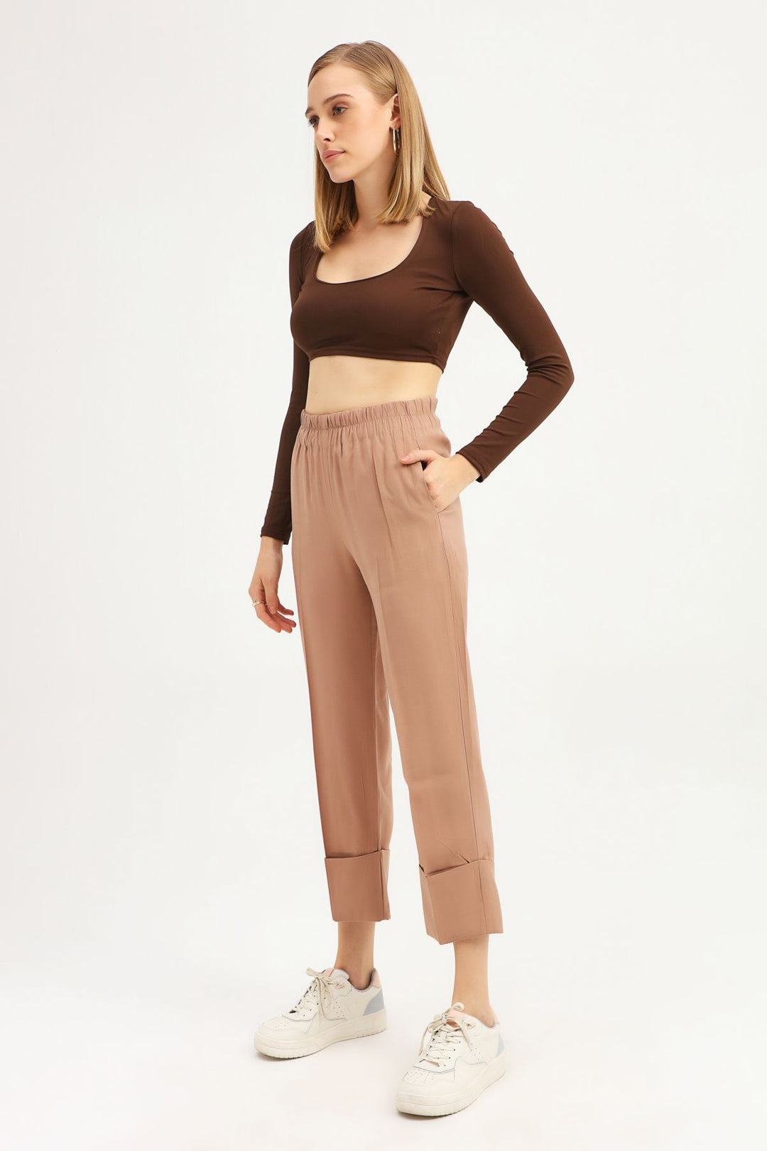 Beli Lastikli Duble Paça Pantolon Camel