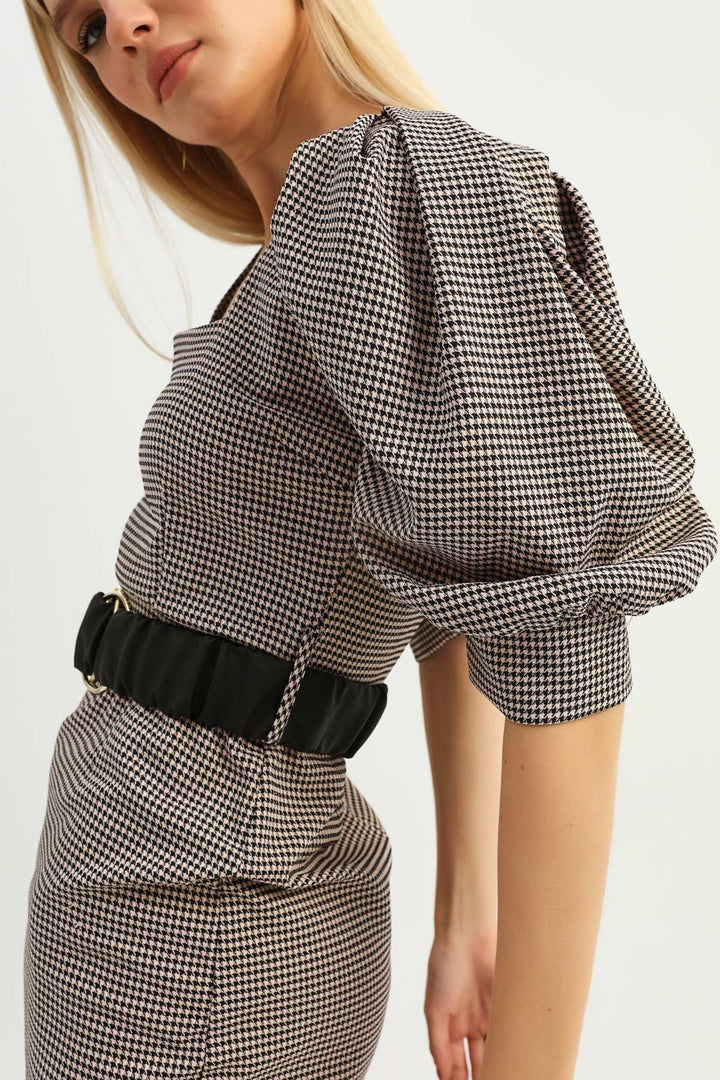 Striped Belt Balloon Sleeve Dress Powder