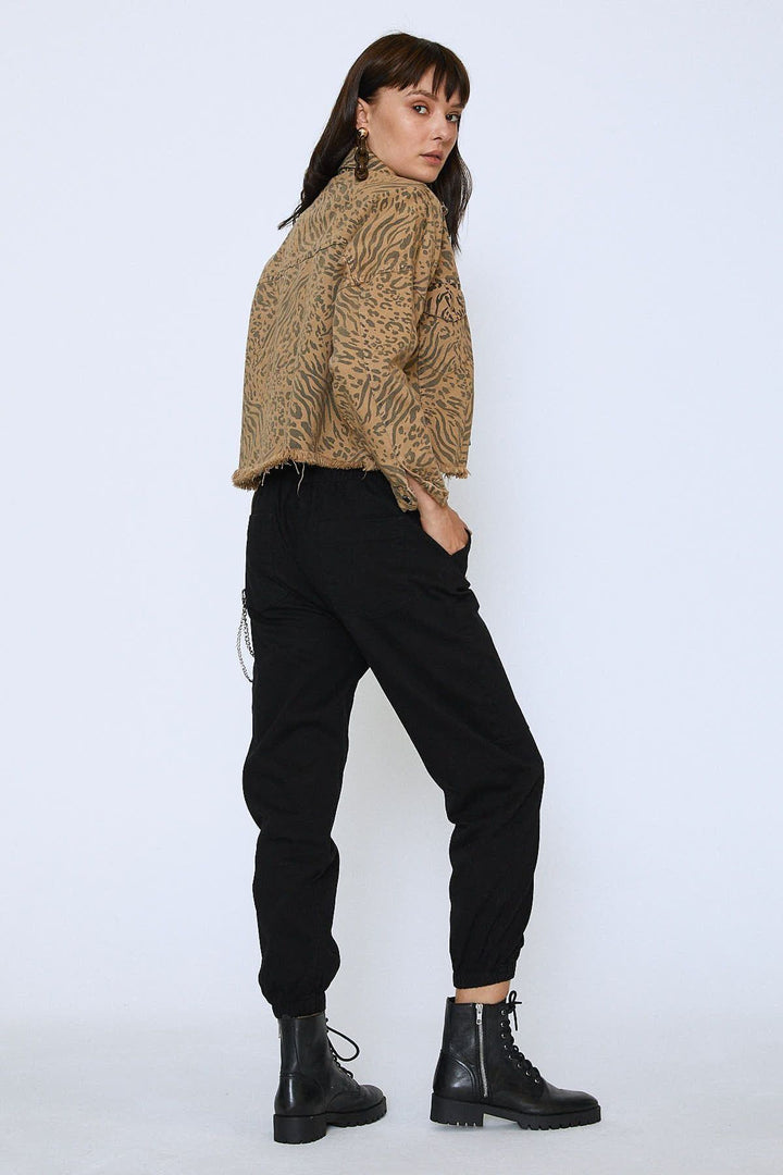 Leopard Patterned Tasseled Gabardine Denim Jacket Camel