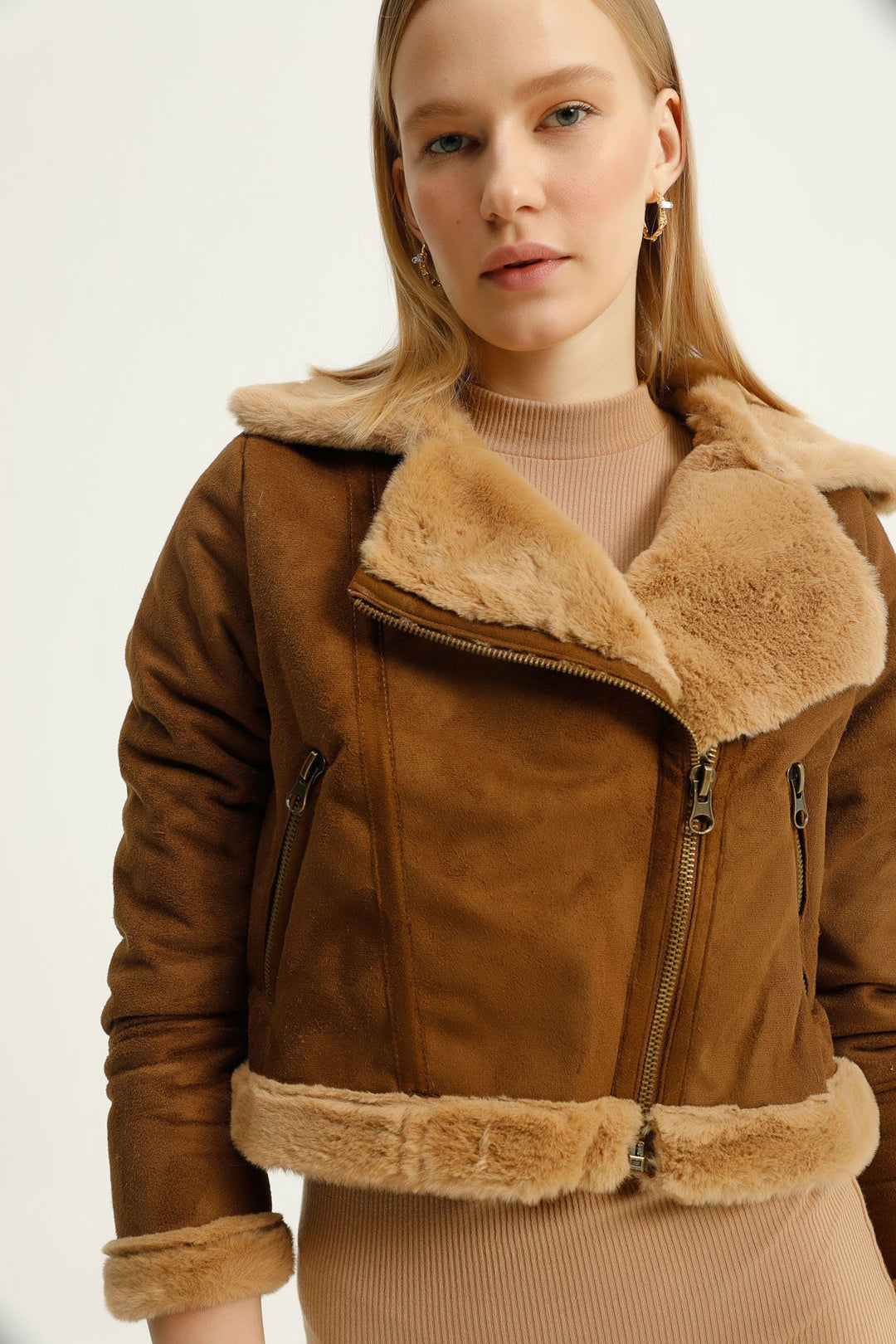 Kürk Detaylı Süet Ceket Camel