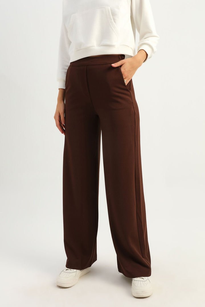 Geniş Paça Cepli Örme Pantolon Kahverengi