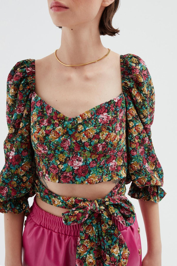 Balloon Sleeve Crop Blouse Green