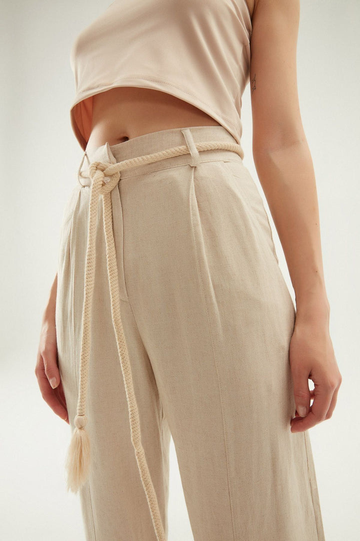 Yırtmaçlı Keten Pantolon Naturel