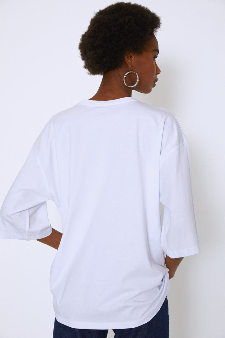 Oversize Baskılı Tişört Beyaz
