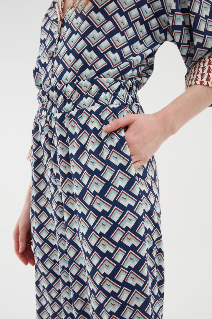 Renkli Desenli Bol Paça Pantolon Mavi