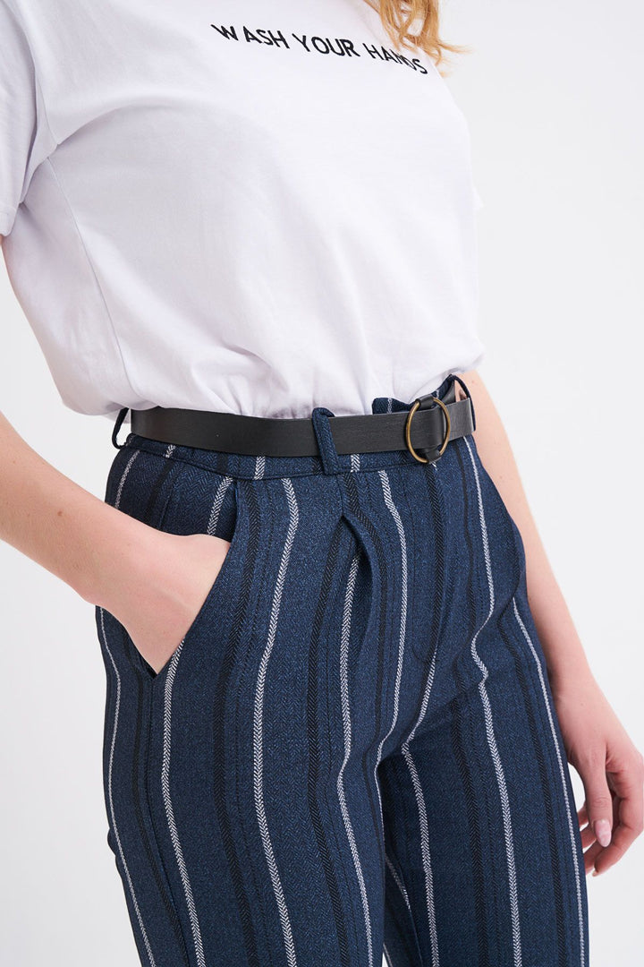 Belted Striped Trousers Navy