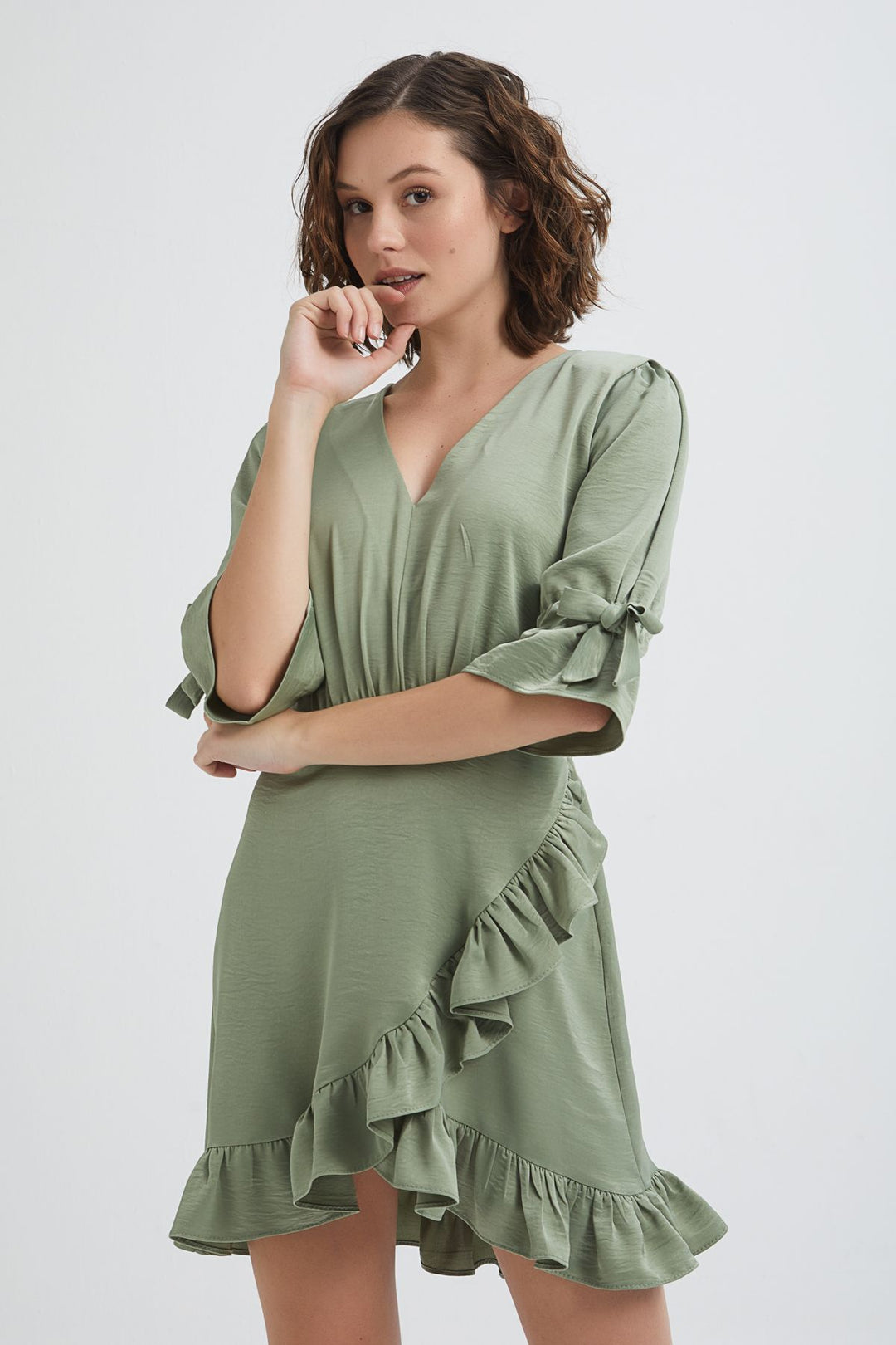 V Neck Frilly Mini Dress Mint