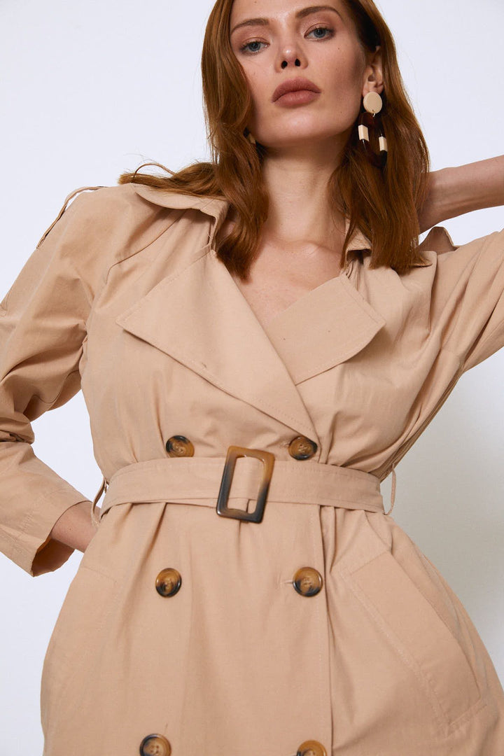 Apoletli Beli Kuşaklı Trençkot Camel