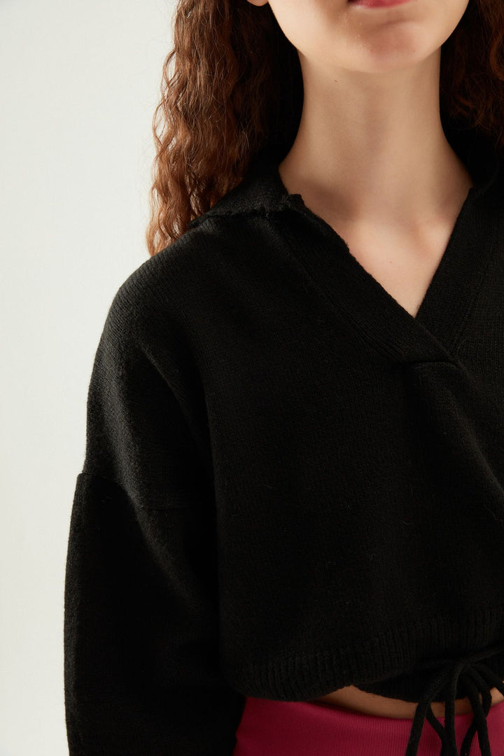 Polo Yaka Beli Büzgülü Triko Siyah