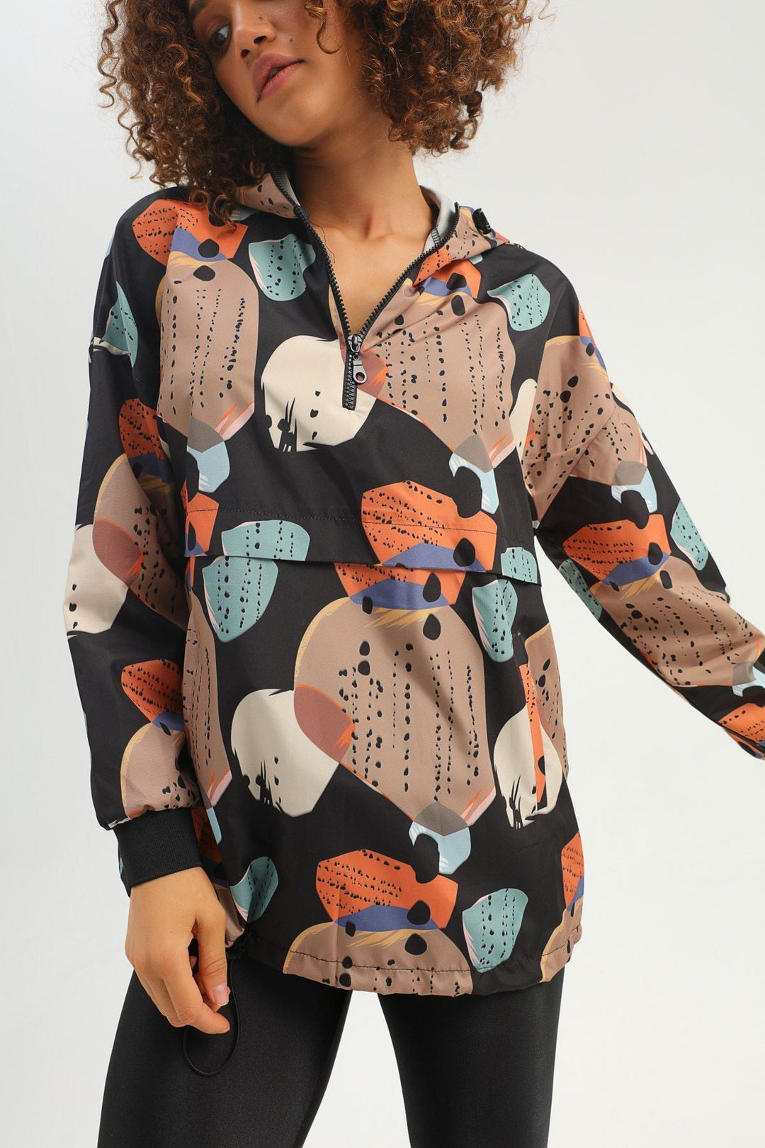 Patterned Hooded Pocket Raincoat Black