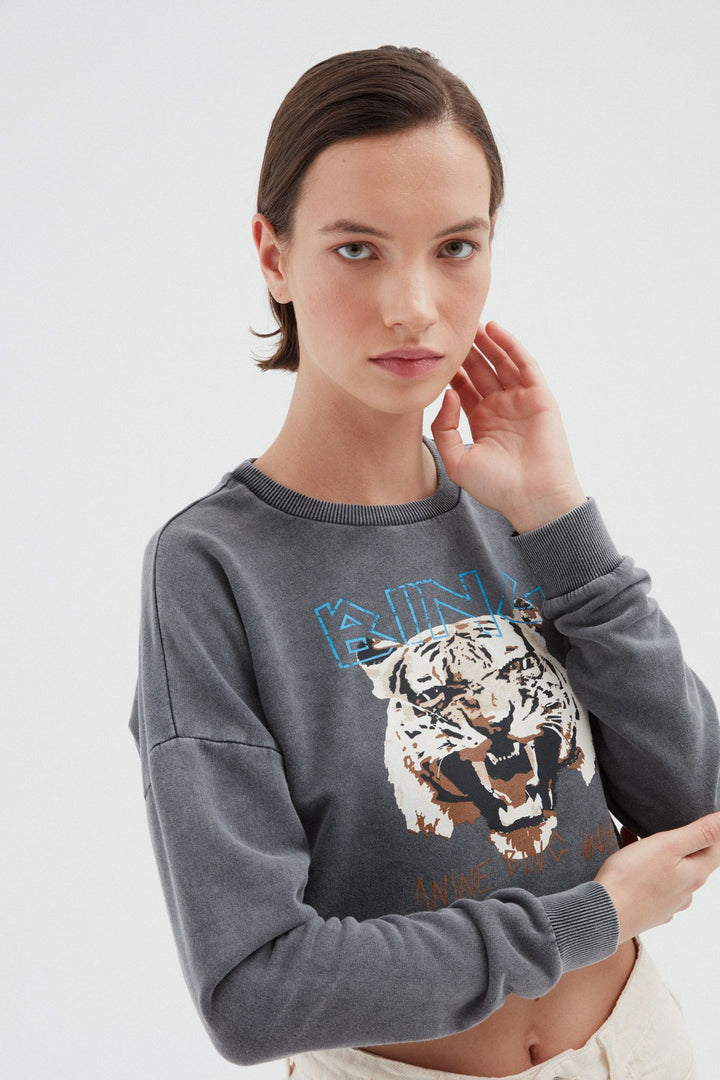 Printed Crop Sweatshirt Anthracite