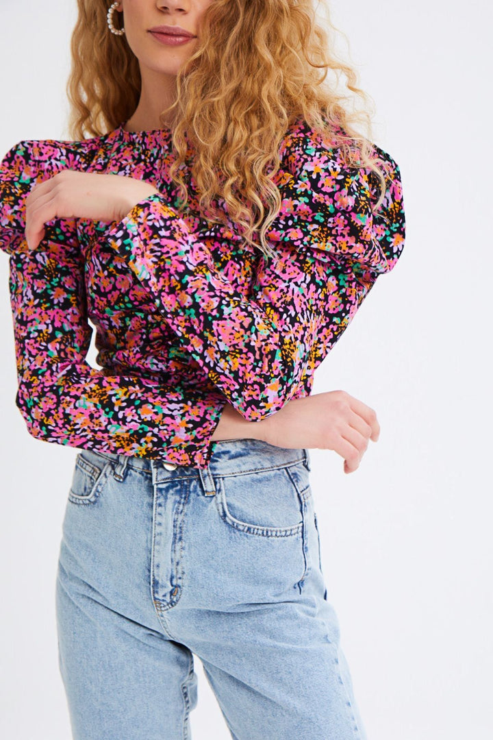 Desenli Karpuz Kol Bluz Fuşya
