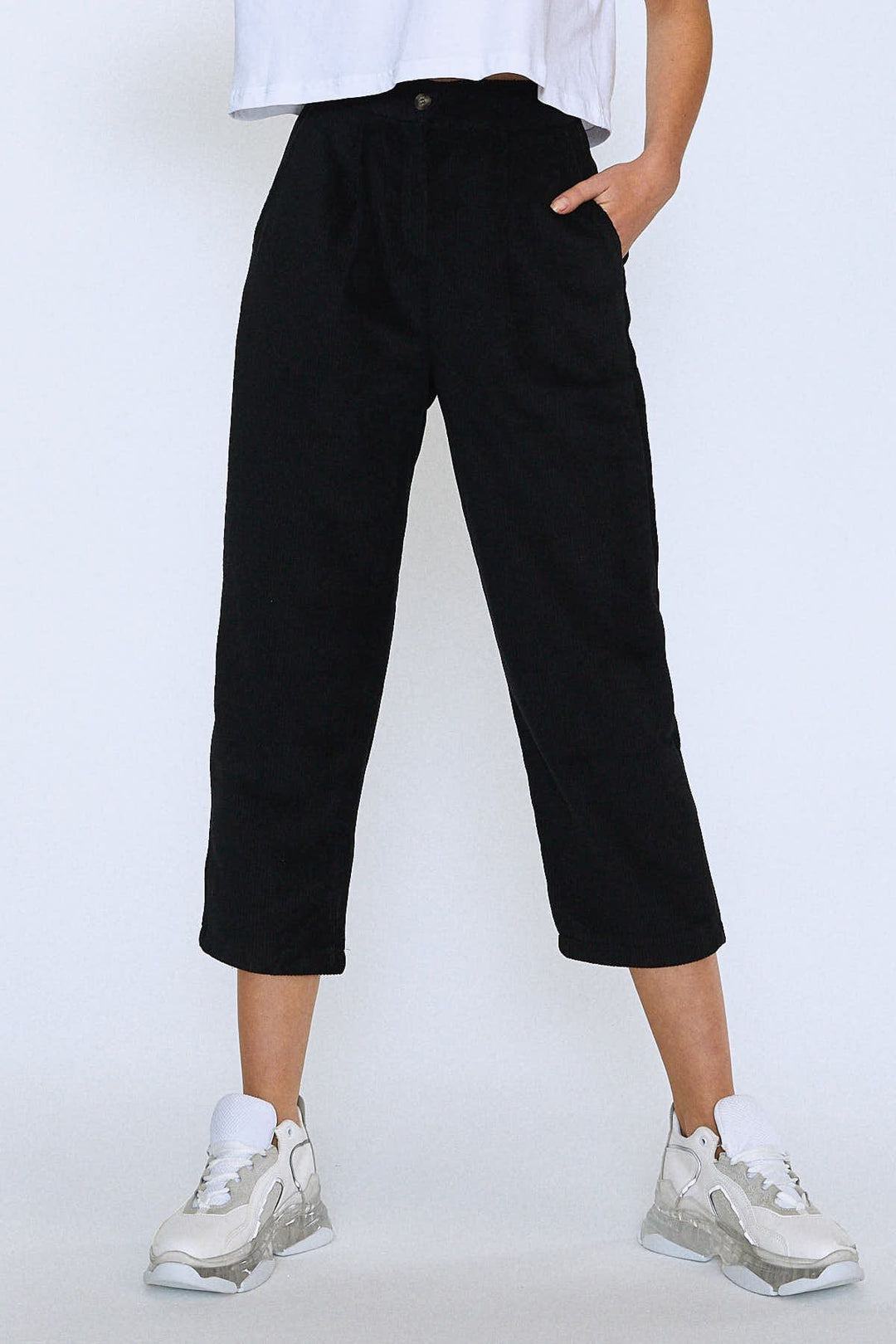 Elastic Waist Velvet Trousers Black