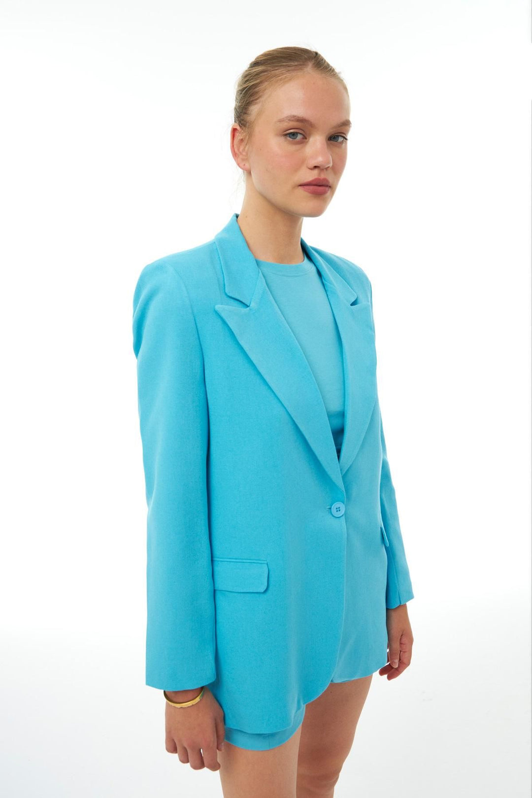 Keten Blazer Ceket Turkuaz