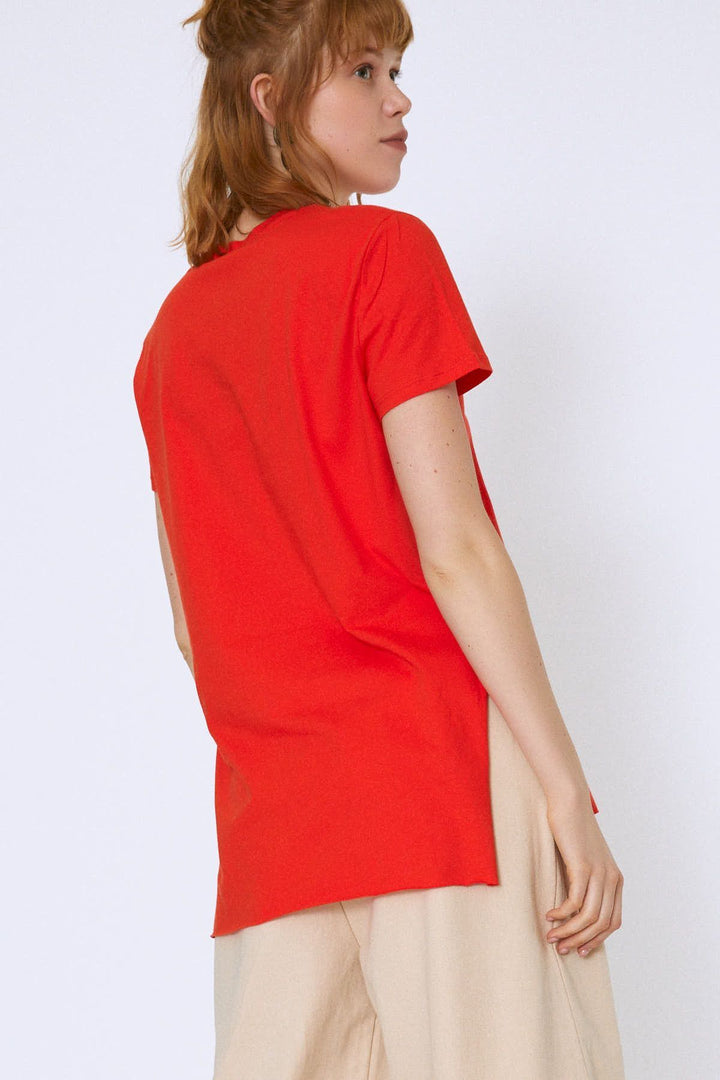 Bisiklet Yaka Yanı Yırtmaçlı Tişört Koyu Oranj