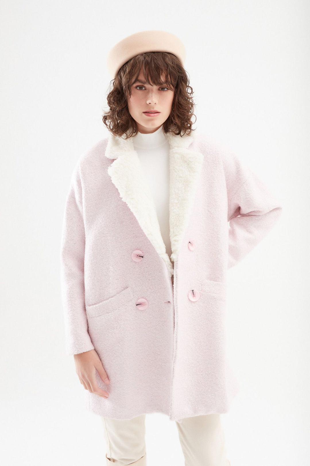 Plush Collar Double Breasted Coat Pink