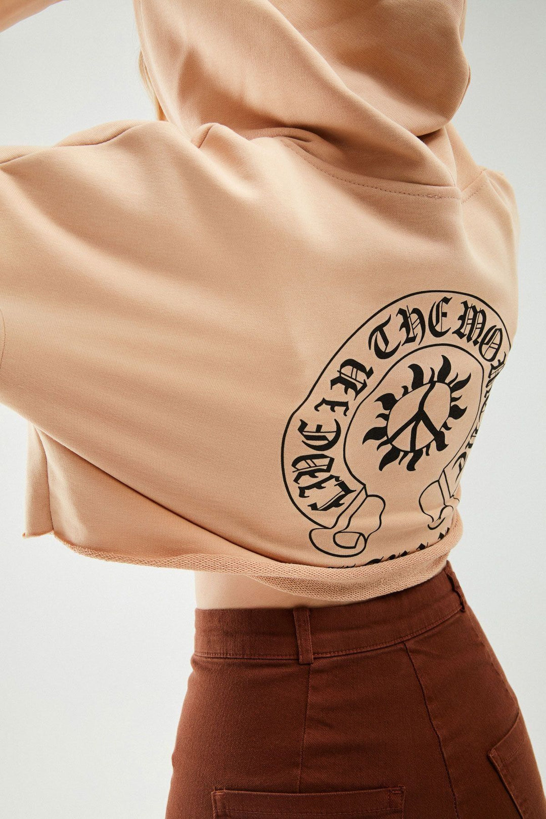 Baskılı Crop Sweatshirt Bej