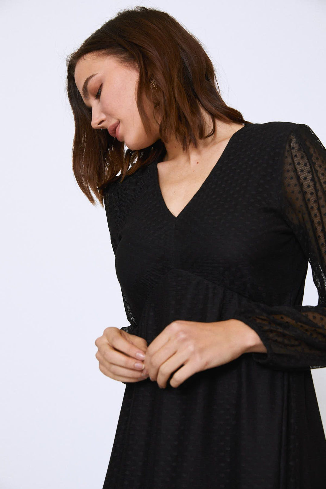 Polka Dot Tulle V-Neck Dress Black