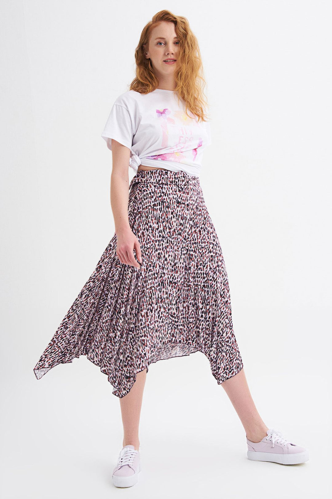 Pleated Belt Detailed Asymmetrical Skirt Lilac