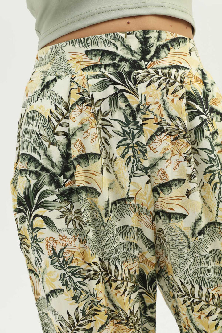 Desenli Geniş Paça Pantolon Yeşil