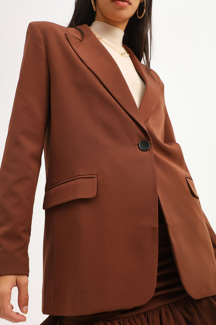 Single Button Blazer Jacket Dark Brown