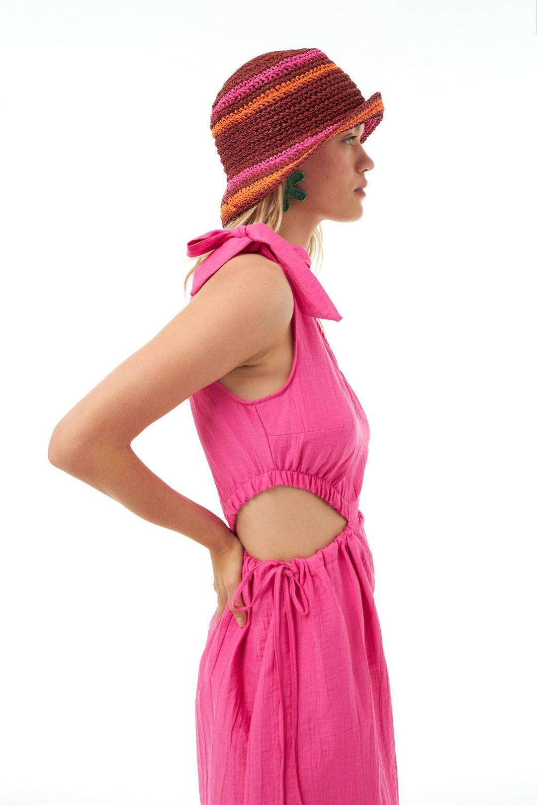 Window Detailed One Shoulder Dress Pink