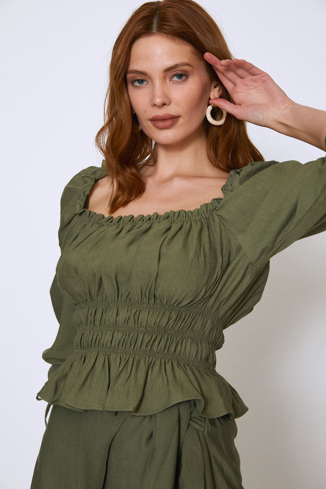 Watermelon Sleeve Square Collar Gipelli Blouse Khaki