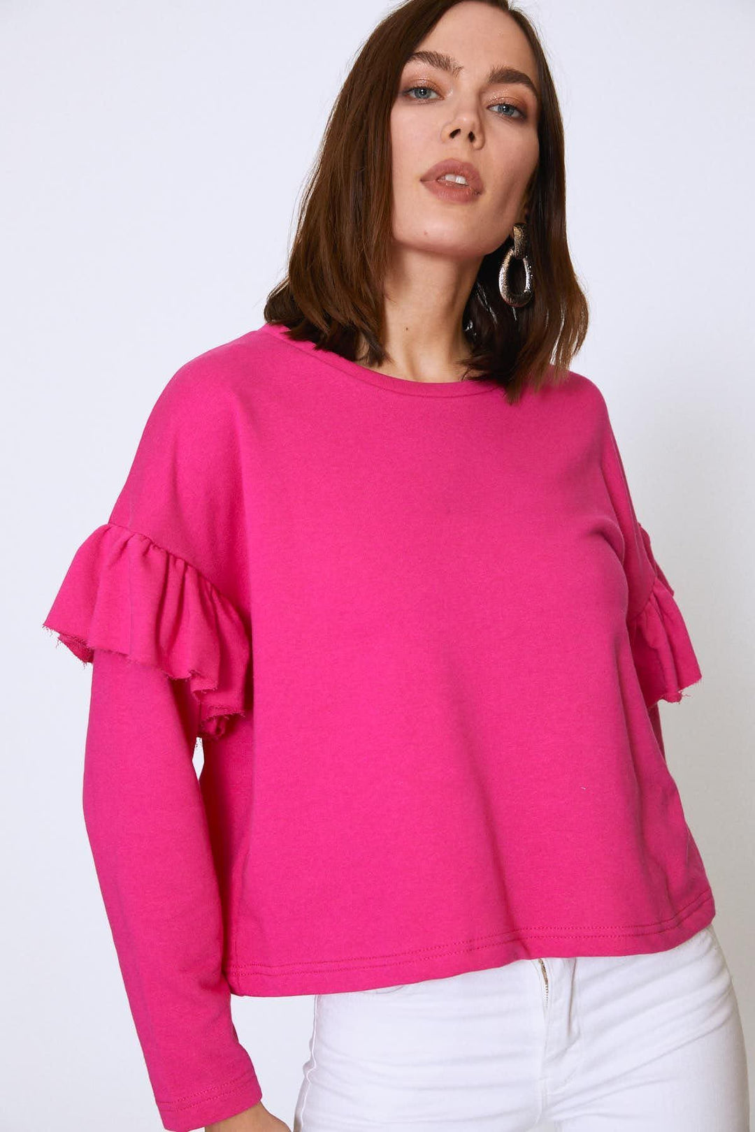 Crew Neck Sleeves Frilly Sweatshirt Fuchsia
