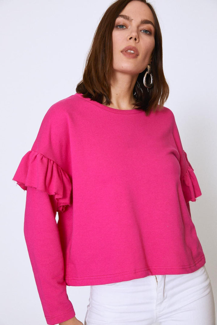 Crew Neck Sleeves Frilly Sweatshirt Fuchsia