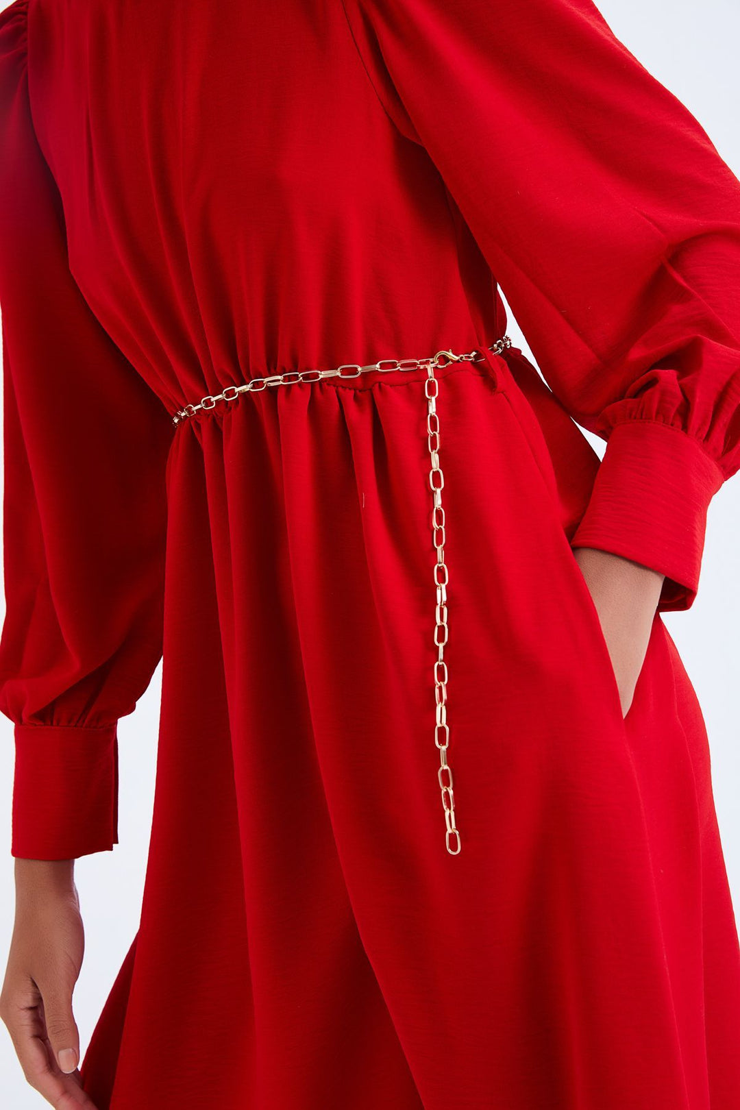 Chain Belt Asymmetric Dress Red