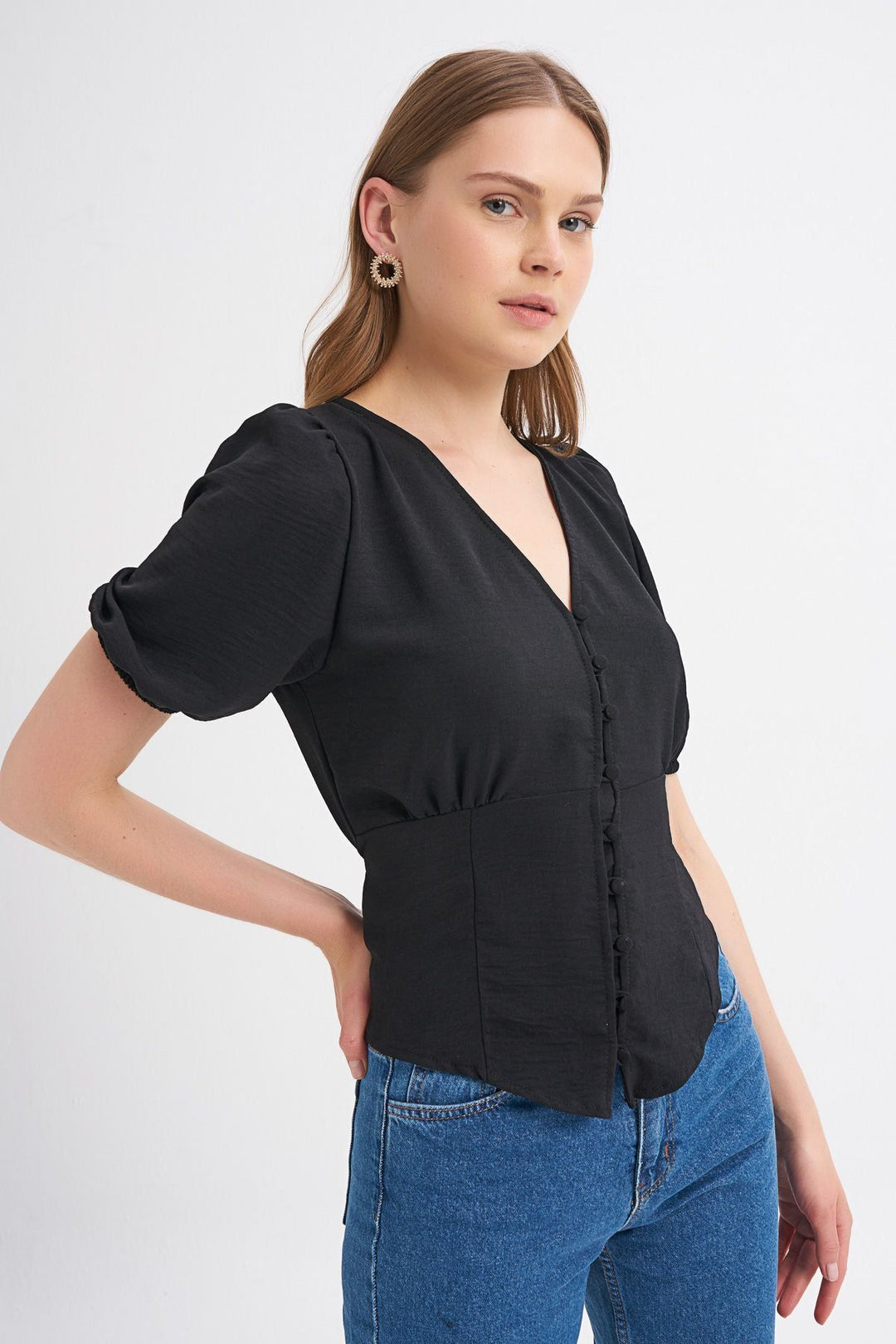 Balloon Sleeve Front Buttoned Tie Detailed Blouse Black