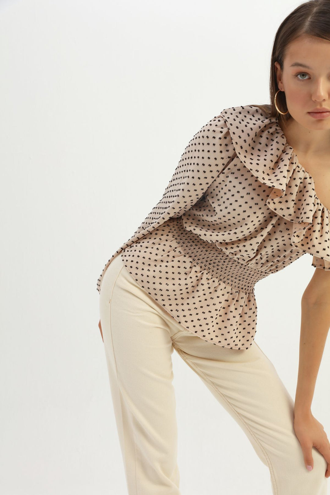 Volanlı Gipeli Tek Omuz Bluz Bej