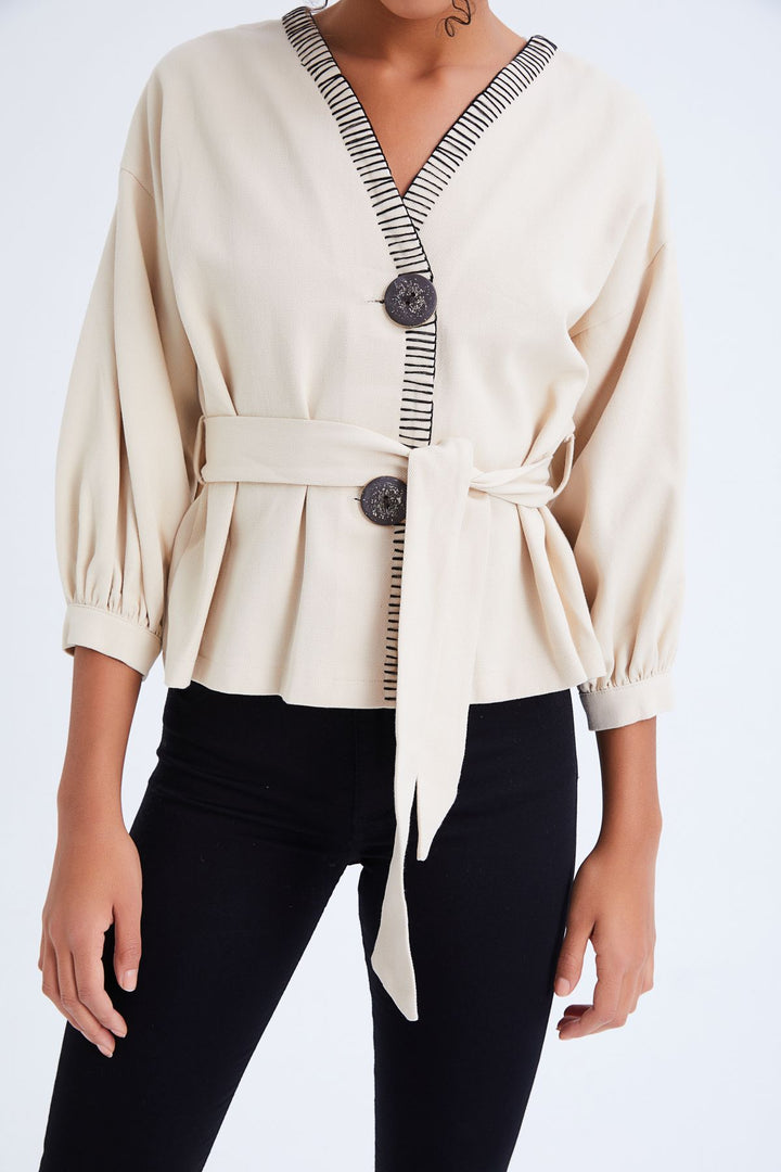 Belt Detailed Buttoned Seasonal Jacket Bone