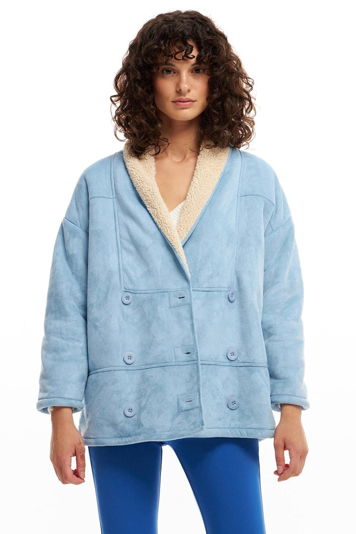 Double Breasted Suede Coat Blue