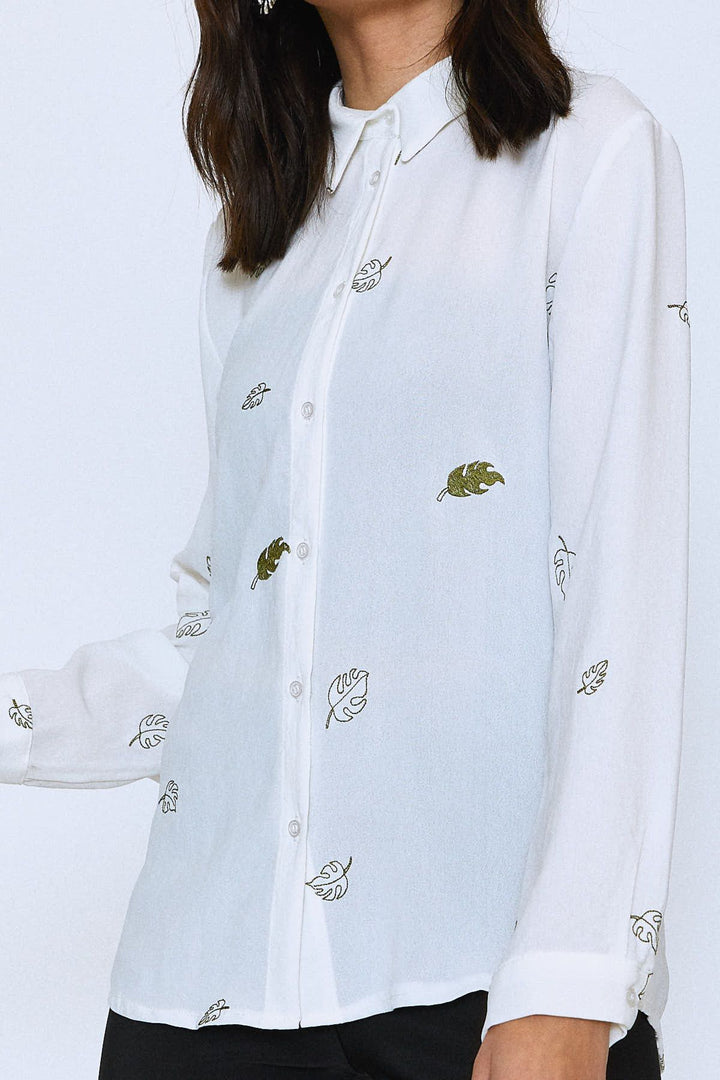 Leaf Embroidered Shirt Ecru