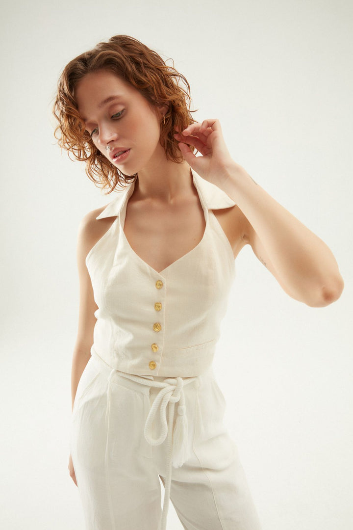 Düğme Detaylı Keten Bluz Naturel