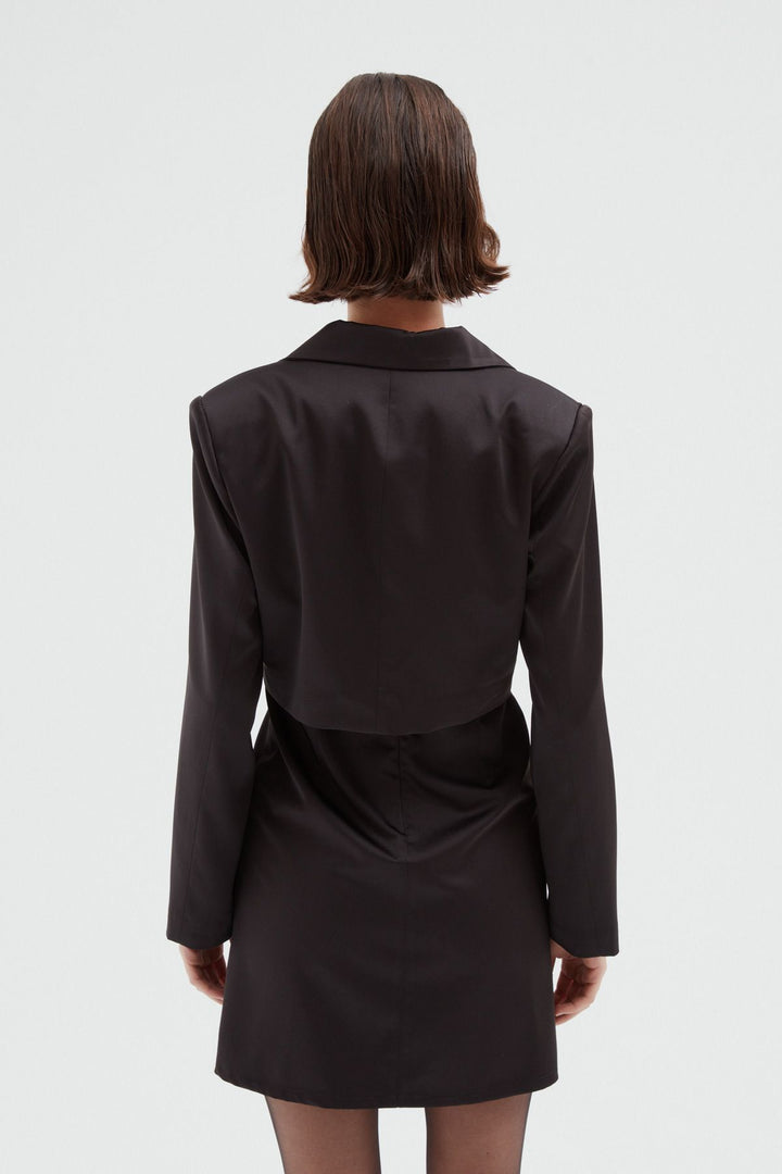 Crop Saten Blazer Ceket Siyah