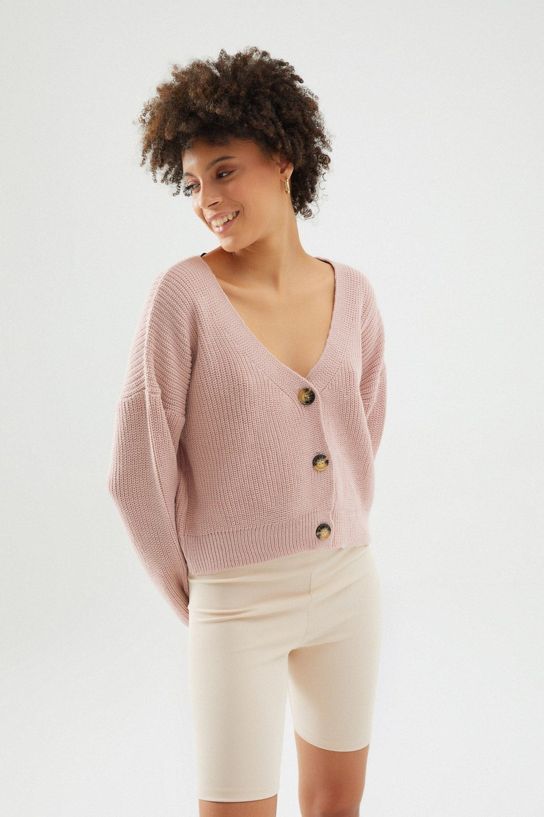 Düğmeli V Hırka Koyu Pudra