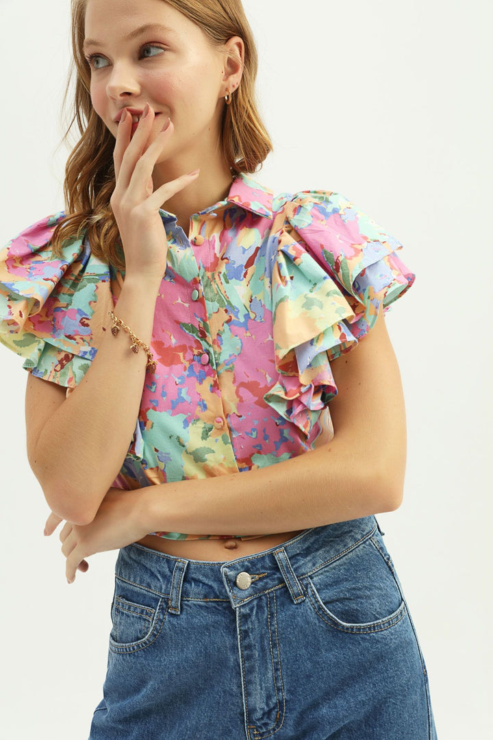 Patterned Frilly Shirt Light Blue