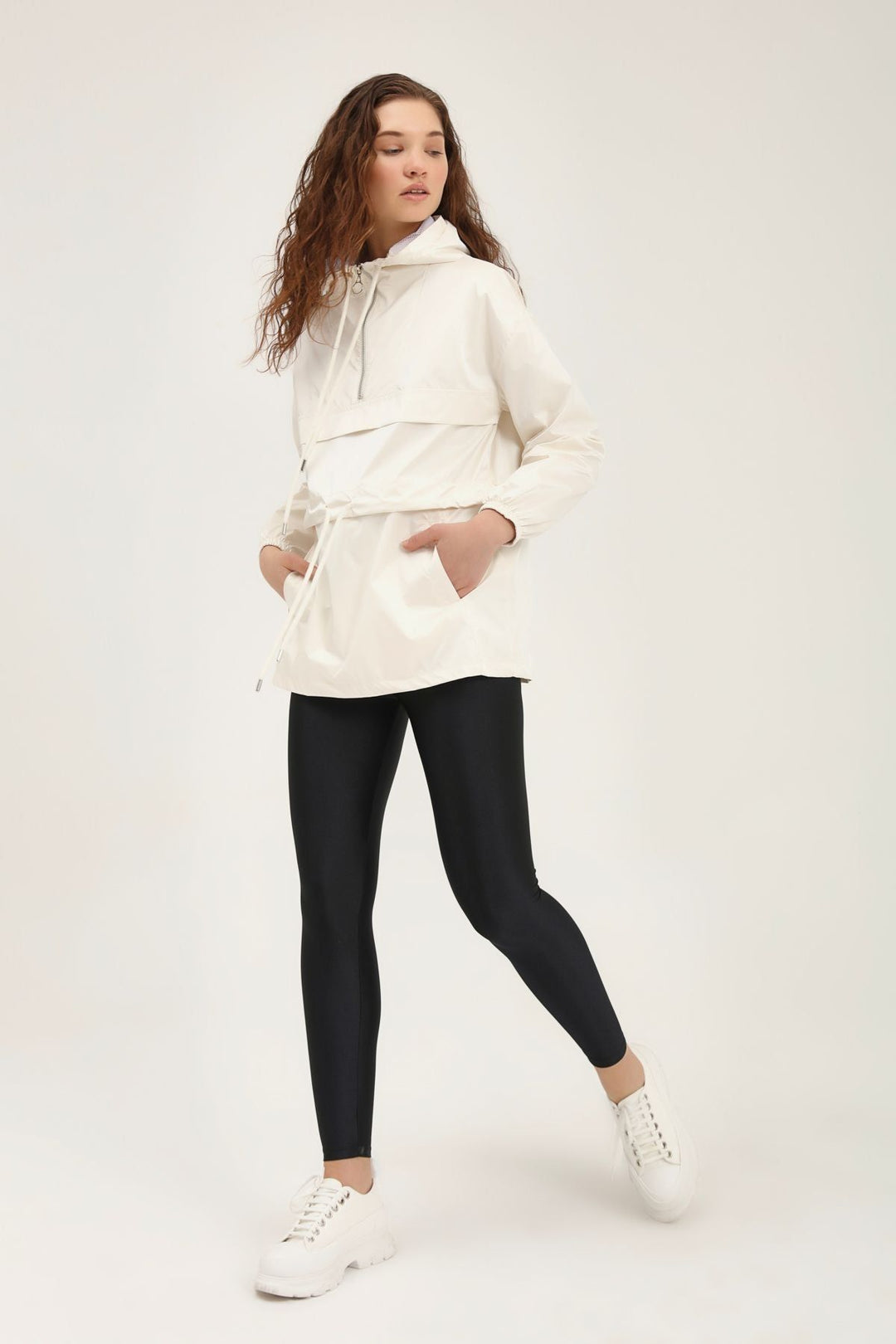 Hooded Elastic Waist Raincoat White