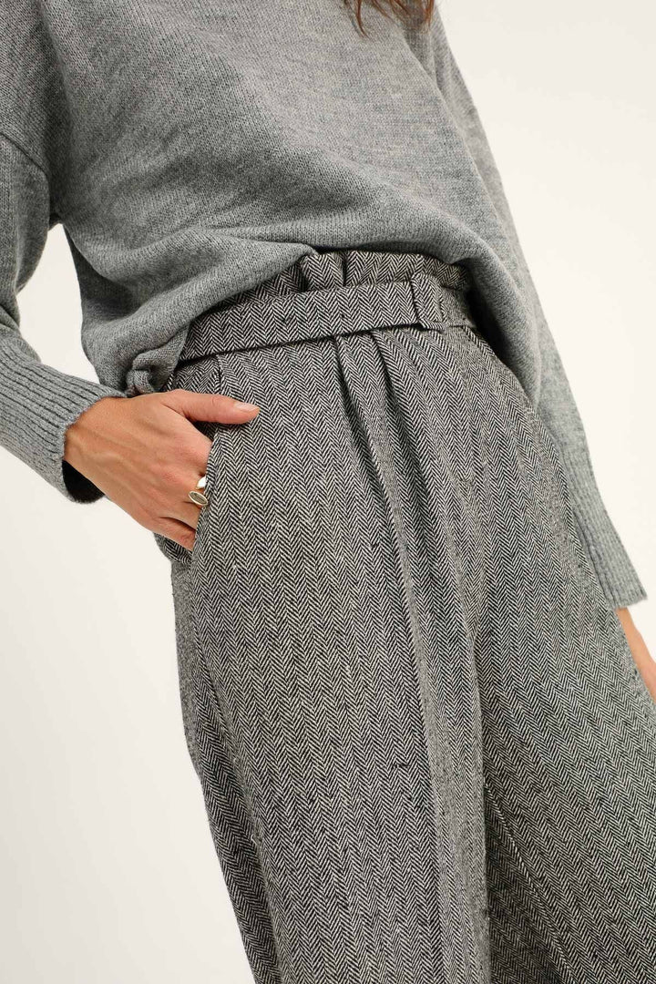 Kemerli Bol Paça Pantolon Gri