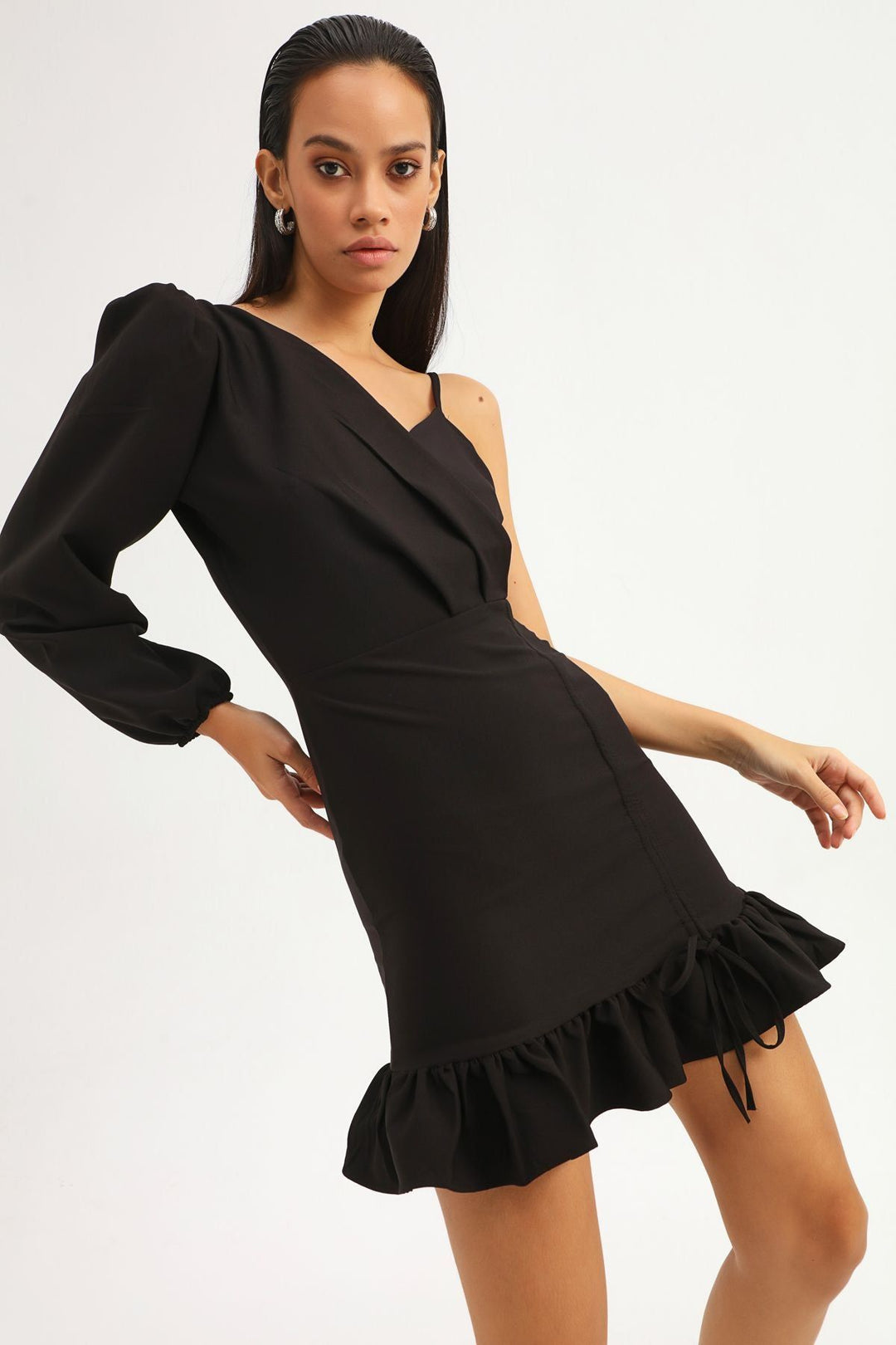 Pleated Asymmetrical Sleeve Dress Black