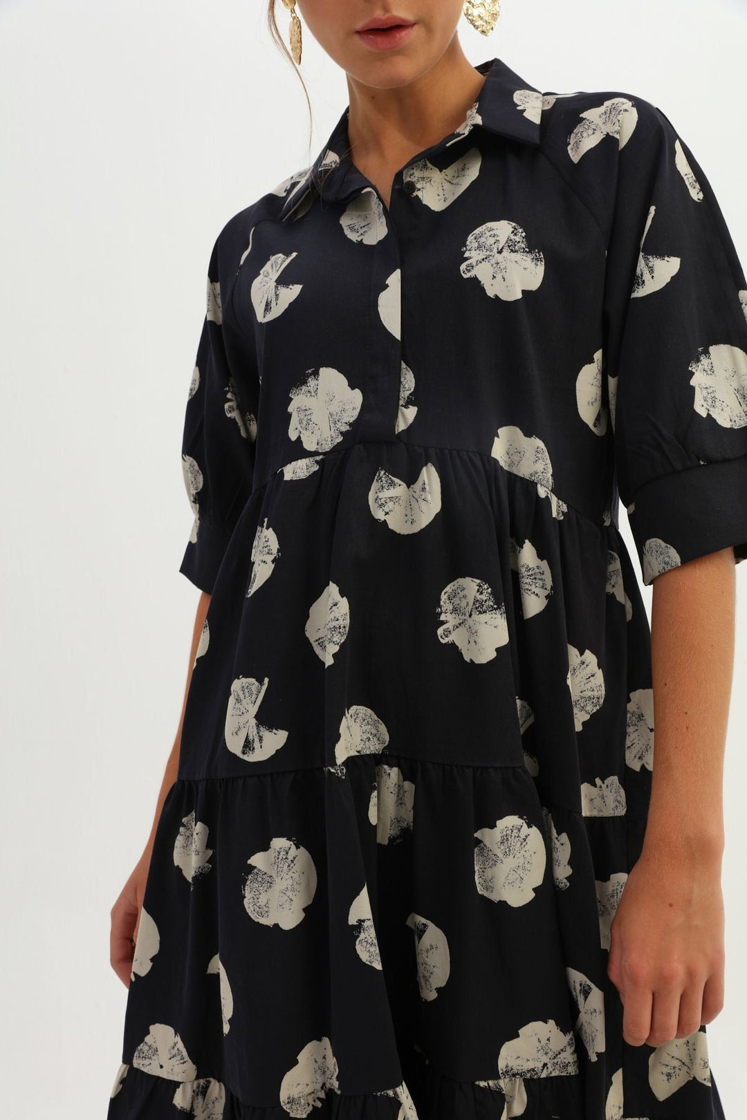 Patterned Shirt Collar Pocketed Dress Black