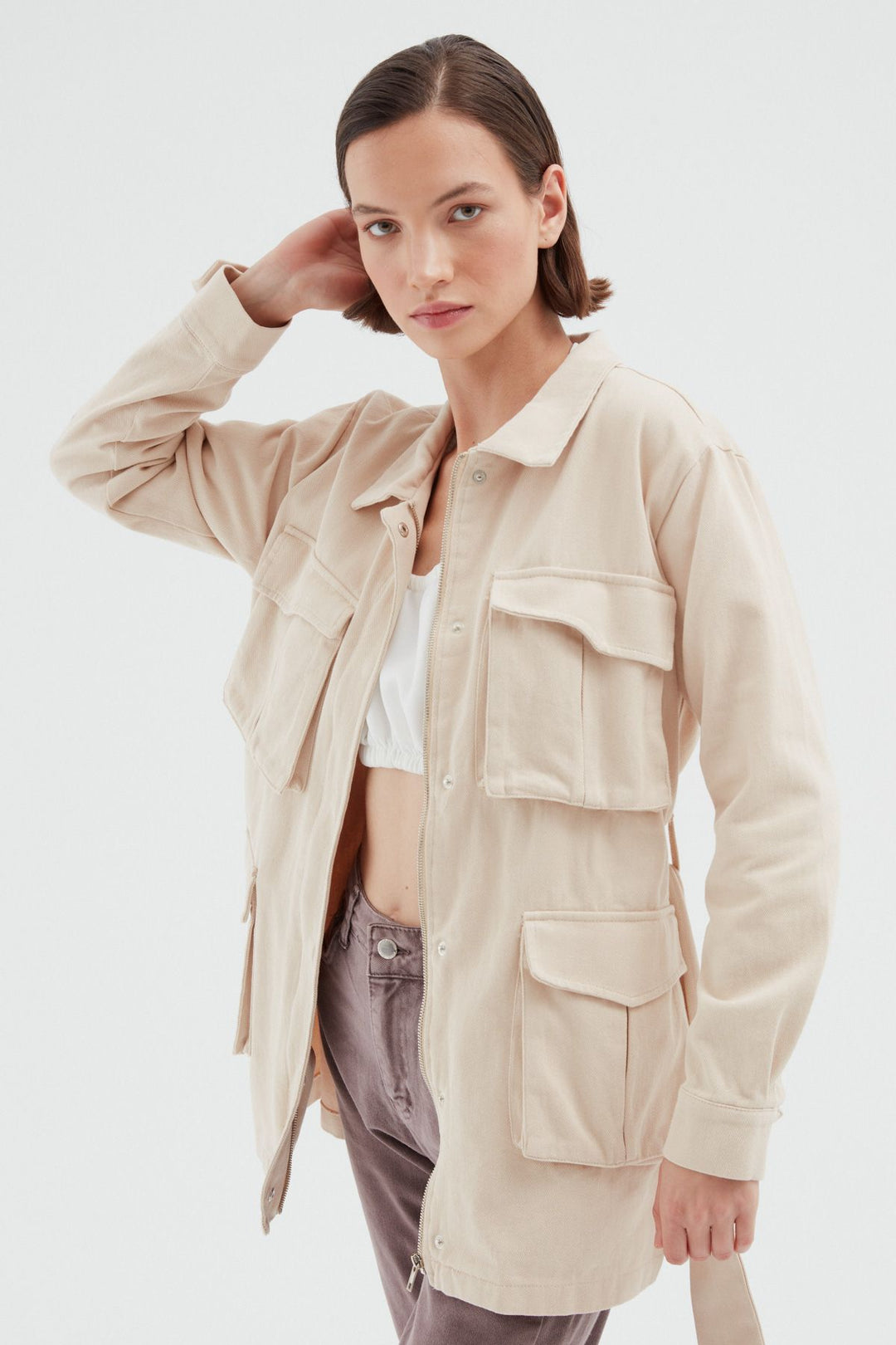 Kemerli Cepli Uzun Ceket Taş