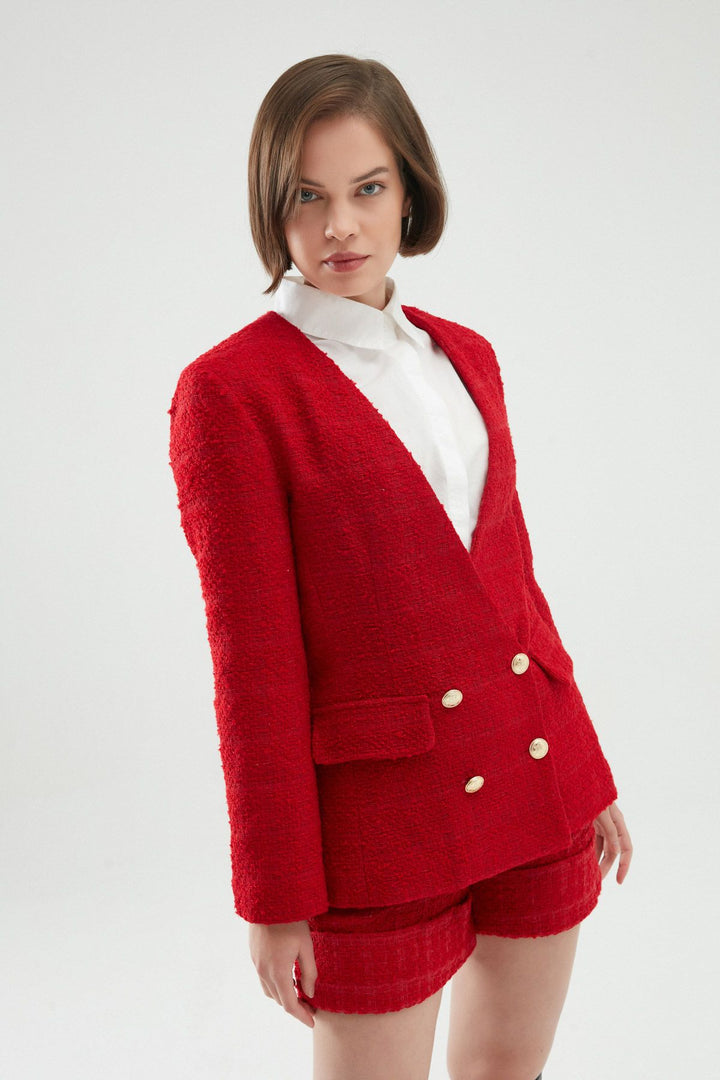 Double Breasted Tweed Blazer Jacket Red