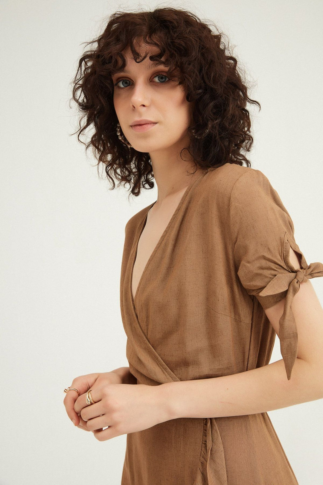 Double Breasted Frilly Linen Dress Brown
