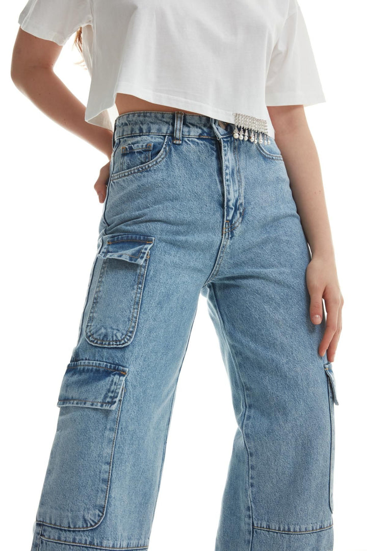 Pocket Detailed Cargo Jeans Ice Blue