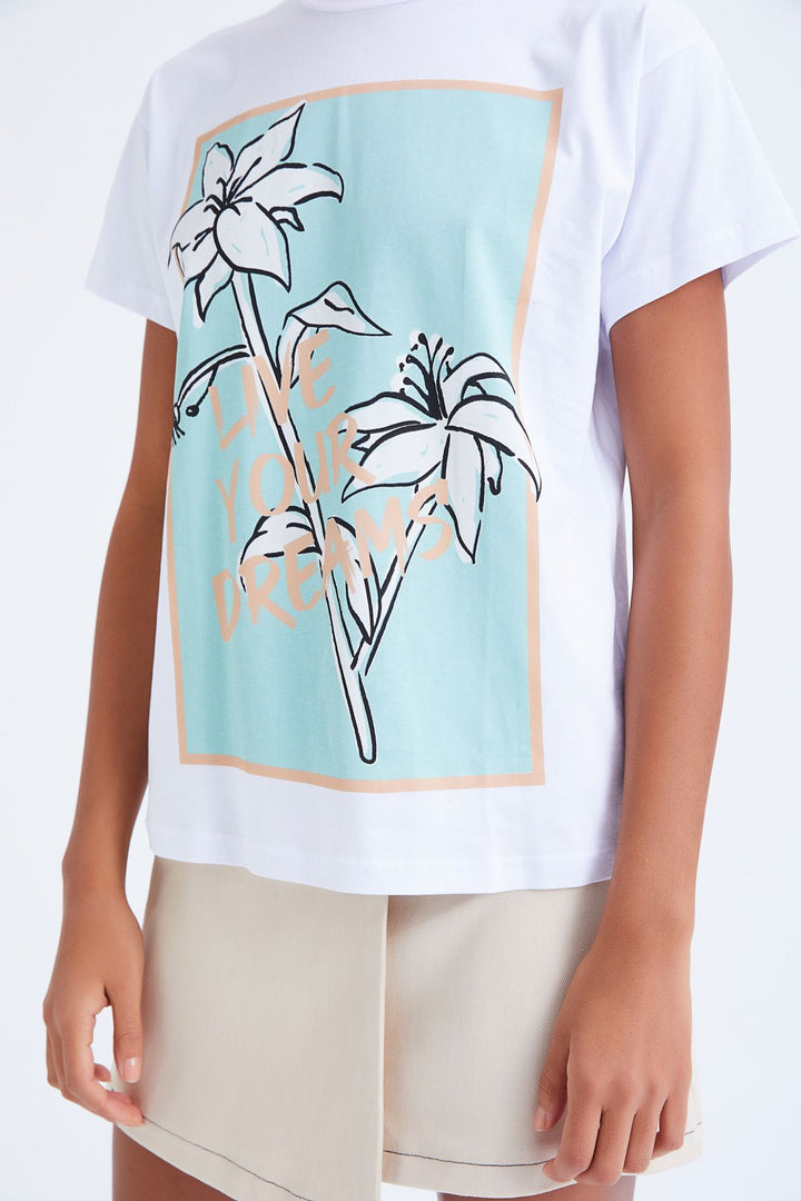 Baskılı Bisiklet Yaka Tişört Beyaz