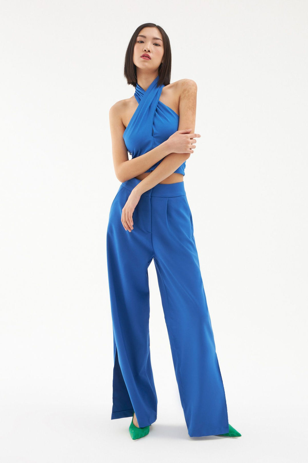 Slit Detailed Wide Leg Trousers Sax